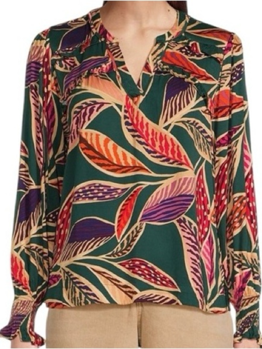 Democracy V-neck, ruffle detailing, long sleeve top Size M